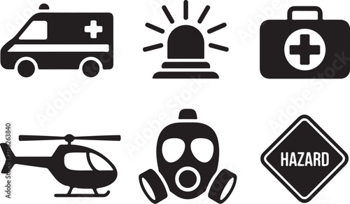 Emergency response icons ambulance helicopter gas mask hazard sign