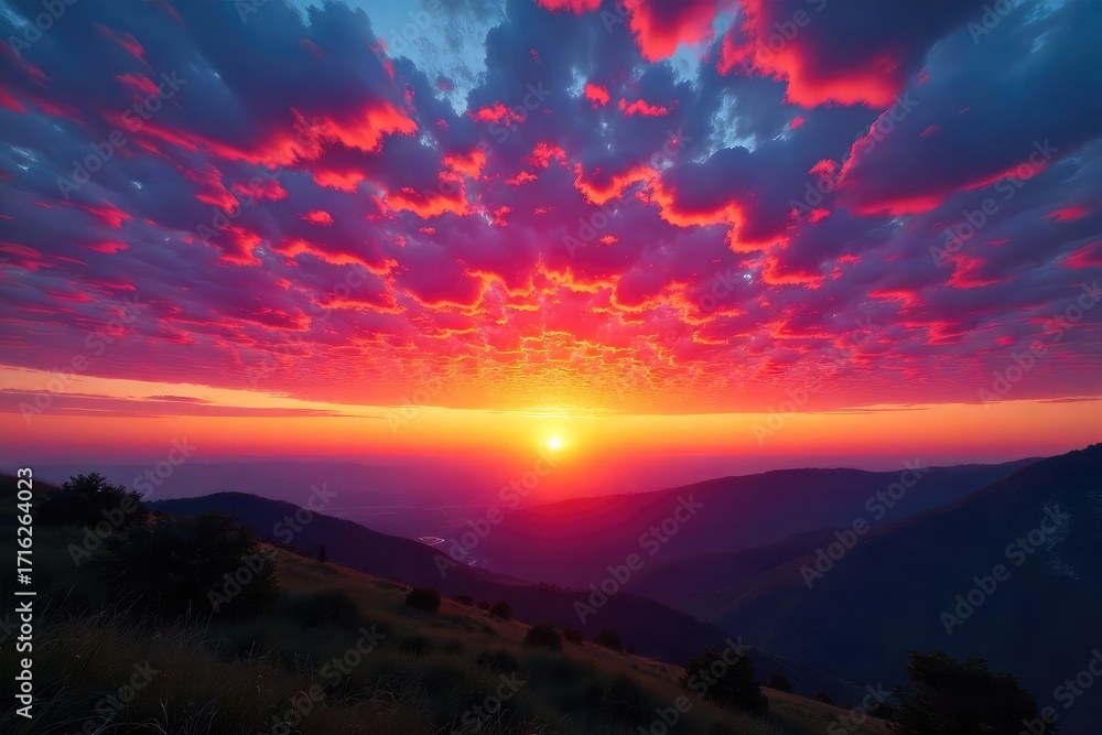Fototapeta premium Vibrant hues paint the sky as the sun dips below the horizon, creating a breathtaking spectacle of color and light Perfect for travel, nature, and landscape projects , dramatic, natural phenomenon