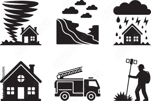 Disaster icons: tornado, landslide, storm, house, fire truck
