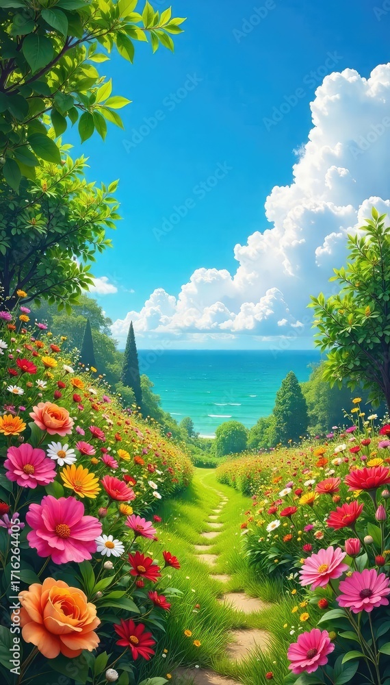 Naklejka premium Vibrant summer scene bursting with colorful flowers, lush greenery, and a bright blue sky Perfect for summer themes, travel, nature, and joyful imagery , idyllic, positive