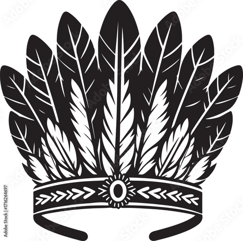 silhouette black and white Thanksgiving native feather headband vector