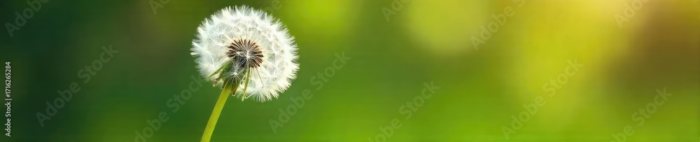 Fototapeta premium A single, delicate dandelion seedhead poised on a slender stem, ready to take flight on the wind, symbolizes hope and new beginnings , wallpaper, bright, background