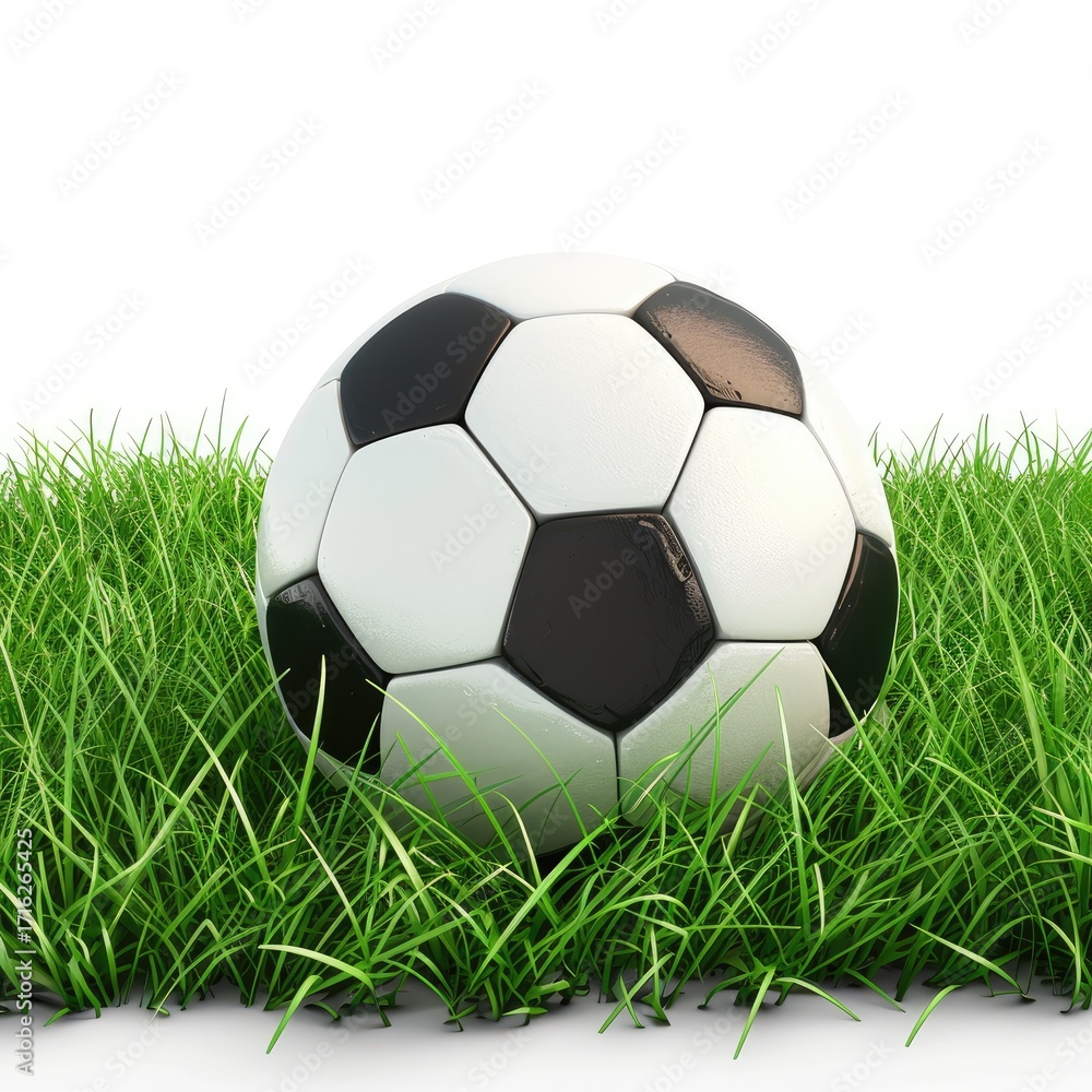 Obraz premium A classic black and white soccer ball rests in a bed of vibrant green grass against a stark white background, suggesting a sense of readiness for a game