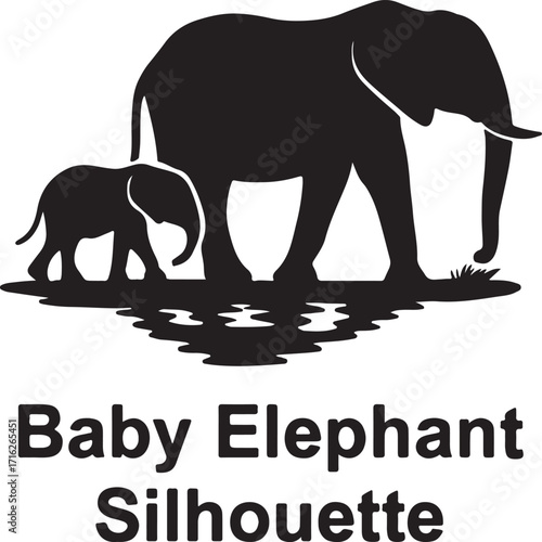 Baby Elephant Following Mother Silhouette – Minimal Vector in Savannah Setting Symbolizing Family Bond & Wildlife Harmony