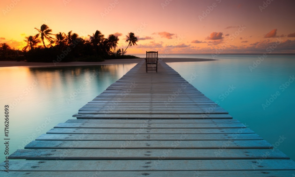 Obraz premium Wooden pier at sunset, tranquil tropical island