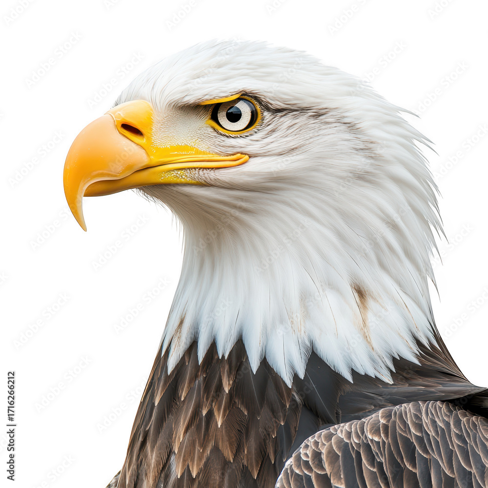 Fototapeta premium A majestic bald eagle with striking yellow beak and piercing eyes. perched against a clean white background. its impressive feathers and fierce demeanor. ideal for wildlife photography