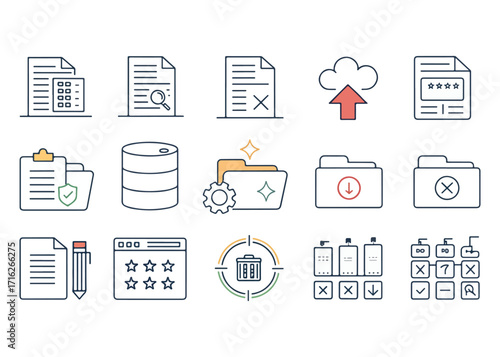 Collection of Data Management and Organization Icons Representing Database Storage and File System Functions