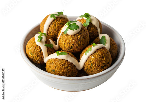 Delicious falafel balls with tahini sauce isolated on transparent background, a popular middle eastern snack or meal made from chickpeas or fava beans