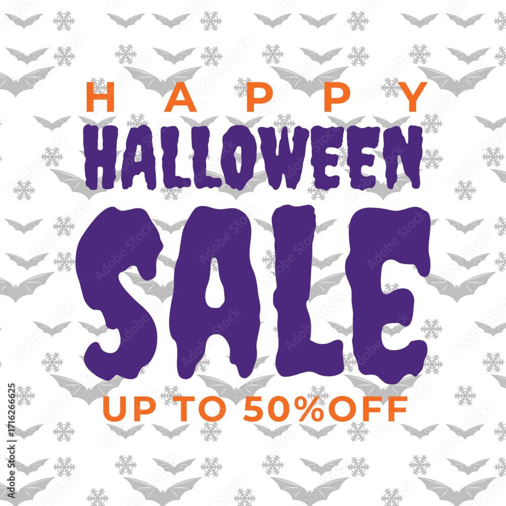 Obraz premium Happy Halloween Sale Banner: A vibrant Halloween banner features Happy Halloween SALE in bold, spooky lettering, along with a promotional offer UP TO 50% OFF.