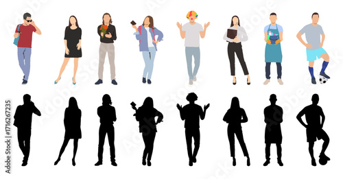 Collection of men and women people workers of various different occupations or profession wearing professional uniform set vector illustration silhouette.