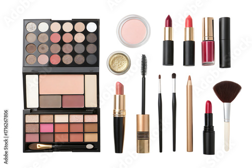 flat lay of various makeup products beauty essentials on display