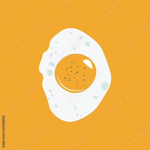 Seasoned fried egg. Fried egg with seasoning details on mustard background, quirky food art.