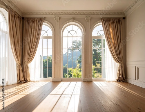 Sunlit, elegant room with large windows