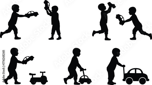 Child playing with toy car, silhouette boy, kids activity, childhood fun, playtime, imagination, learning, motor skills, family concept illustration
