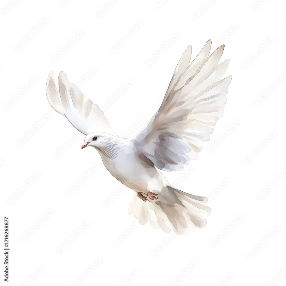 Fototapeta premium A graceful white dove soaring through the air with its wings fully extended. symbolizing peace and freedom. set against a clean white background. ideal for conveying tranquility in various contexts