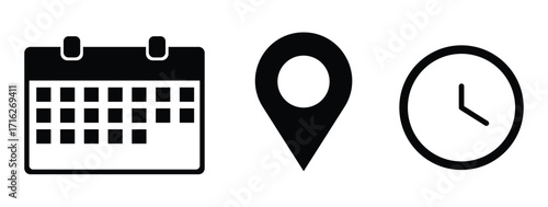 Location time calendar icons set for event planning, scheduled appointment reminders, dates, and place symbols
