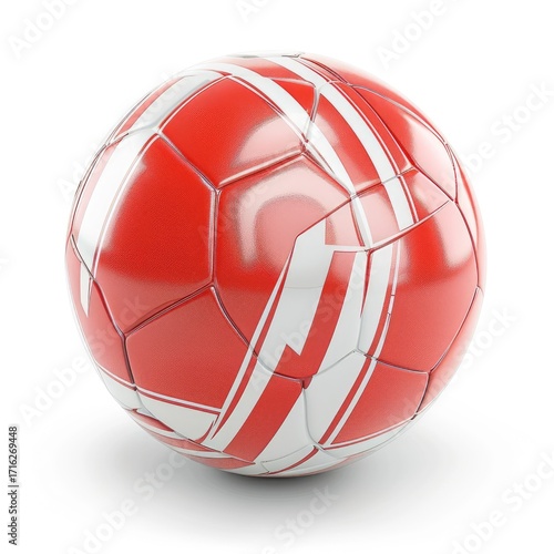 A predominantly red soccer ball with white stylized stripes, rendered in 3D against a white background, showcasing a glossy finish and subtle shadow