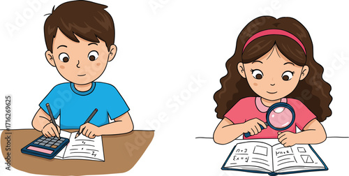 Cartoon children doing homework, math and science activity, classroom learning, vector art, childhood, cute illustration, study, focus, discovery, tools