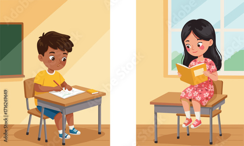 Cartoon children in classroom, studying and reading, school desks, educational activity, vector art, learning, cute illustration, childhood, academic scene
