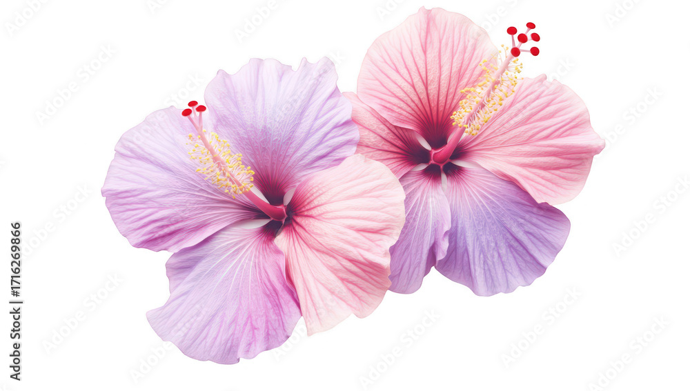 Fototapeta premium Two hibiscus flowers in shades of pink and purple. delicate petals and intricate details. against a clean white background. ideal for nature-themed designs or floral arrangements