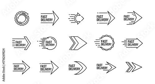 Collection of sketchy arrows with fast delivery stamp and speed lines icons set vector