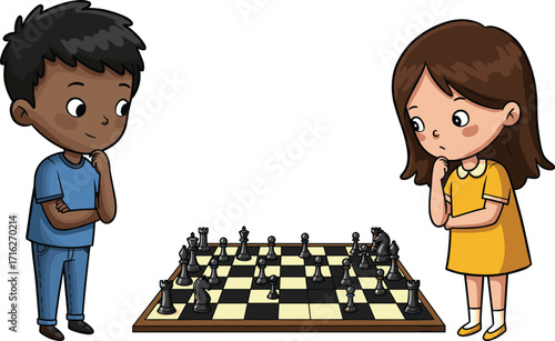 Cartoon children playing chess, strategic thinking, classroom activity, focused kids, vector art, learning, cute illustration, childhood, board game, concentration