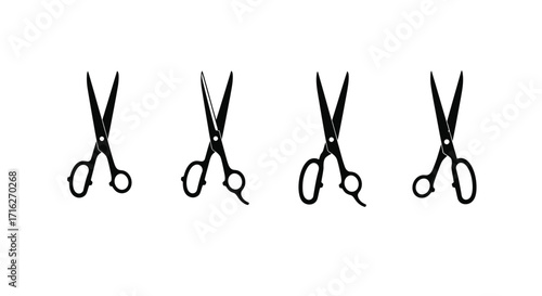 Four pairs of scissors arranged in a row different angles hand drawn style vector