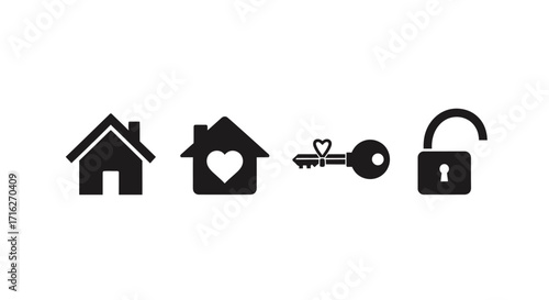 Home security icons set featuring house key lock and heart house symbol security concept vector