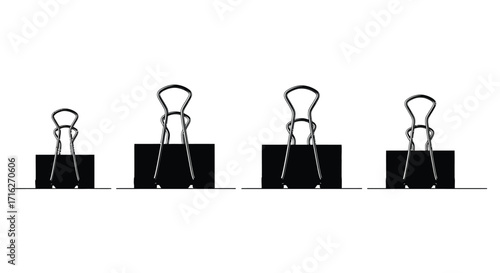 Four black binder clips lined up in a row office supplies for organization and document management vector