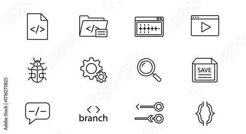 Collection of digital icons representing software development and coding concepts vector