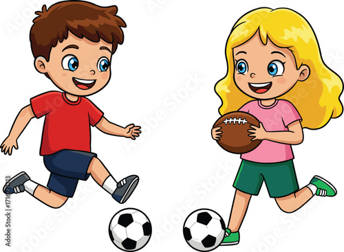 Happy cartoon kids playing soccer and football, boy kicking ball, girl holding rugby, active children enjoying sports fun