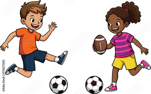 Happy diverse kids playing soccer and football, cartoon children running with ball, active playtime, joyful sports fun