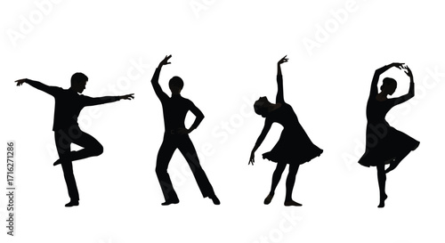Silhouettes of diverse dancers performing graceful ballet and contemporary movements vector