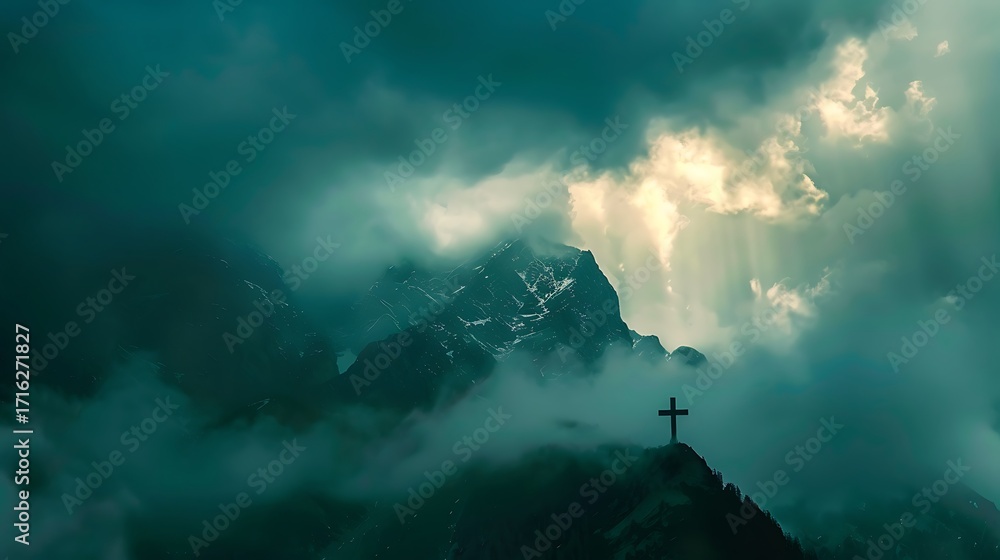 Fototapeta premium A lone religious cross stands atop a foggy mountain peak under dramatic, moody daylight.