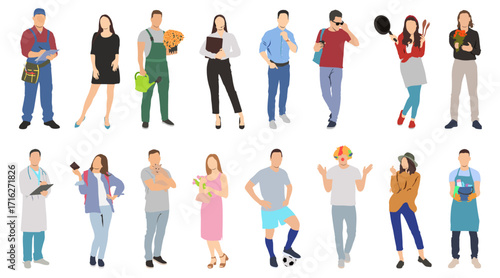 Collection of men and women people workers of various different occupations or profession wearing professional uniform set vector illustration.