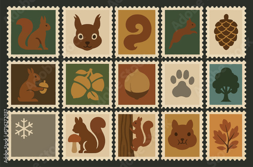 Eurasian Red Squirrel Stamp Icon Set with Forest and Seasonal Elements