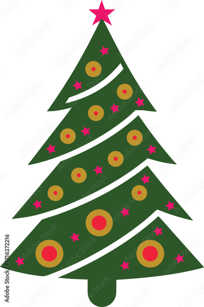 Fototapeta premium Festive Green Christmas Tree Decorated with Ornaments and Stars