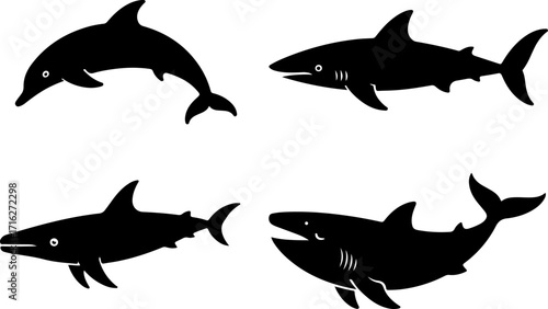 "Shark, Dolphin, and Fish Silhouette Collection"

"Ocean Life Vector Set – Marine Animal Silhouettes"

"Underwater Creatures: Shark, Dolphin & Fish Designs"