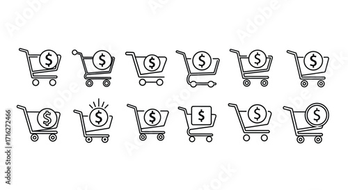 Doodle shopping carts filled with money icons representing online shopping and e-commerce savings vector