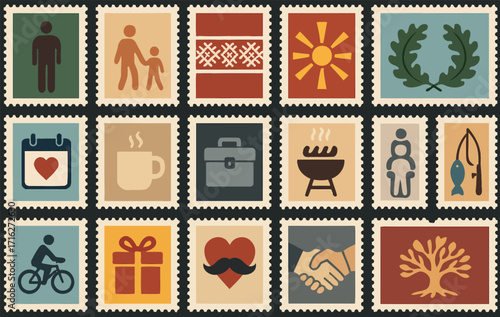 North Macedonia Father's Day Stamp Icon Set with Family and Traditions