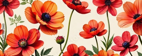 Elegant red & orange anemones, seamless floral pattern , vibrant, spring, fabric