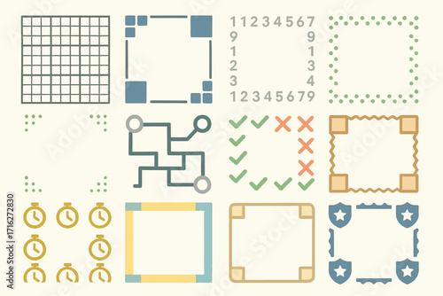Sudoku Grid and Puzzle Frame Icons Set with Logic Tools