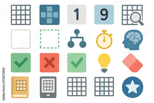 Sudoku Puzzle Icons Set with Brain Teasers and Tools