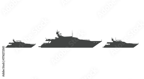 Three diverse luxury yachts silhouetted in a row for nautical transport and leisure vector