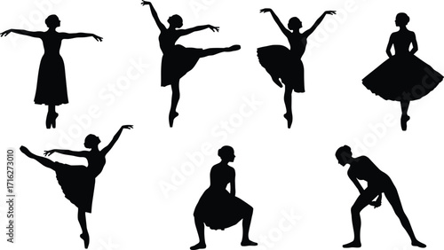 Silhouette ballerina dancing, ballet poses, classical dance performance, graceful dancer art, elegant movement, stage performance illustration