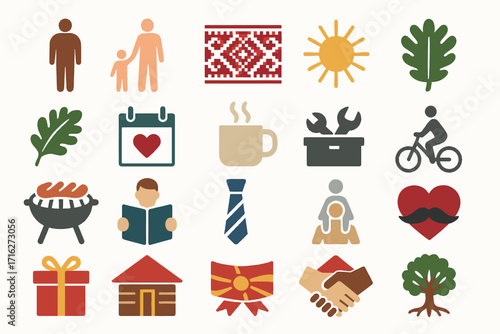 North Macedonia Father's Day Icon Set with Family and Tradition Symbols