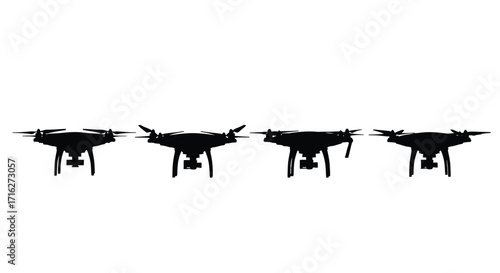 Four silhouette quadcopter drones flying in a line row on vector