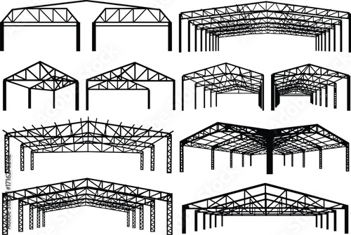 silhouette, steel, structure, frame, truss, column, roof, pitched, flat, industrial, building, vector, black, icon, design, architecture, engineering, construction, project, infrastructure