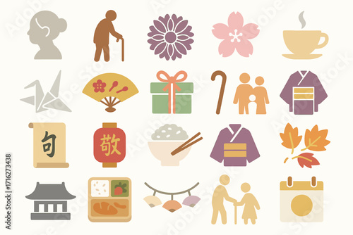 Japanese Grandparents Icons Set with Cultural Symbols and Traditions