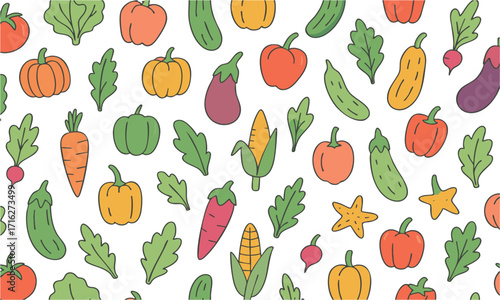 Cute Vegetable Seamless Pattern Tomatoes, Carrots, Cucumbers, Pumpkins, easily editable and scalable.
